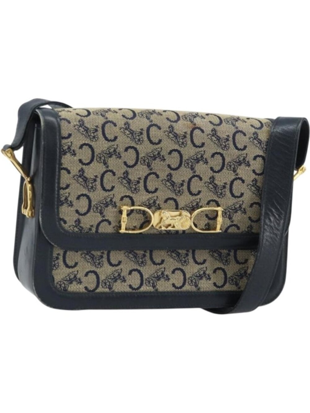 CELINE C Sulky Shoulder Bag Canvas Navy Gold